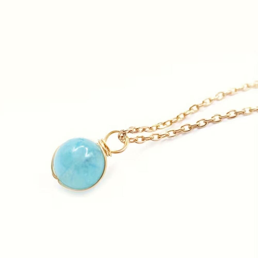 Round 12mm Aquamarine Gemstone Necklace Natural Ball Pendant Gold Charm Crystal